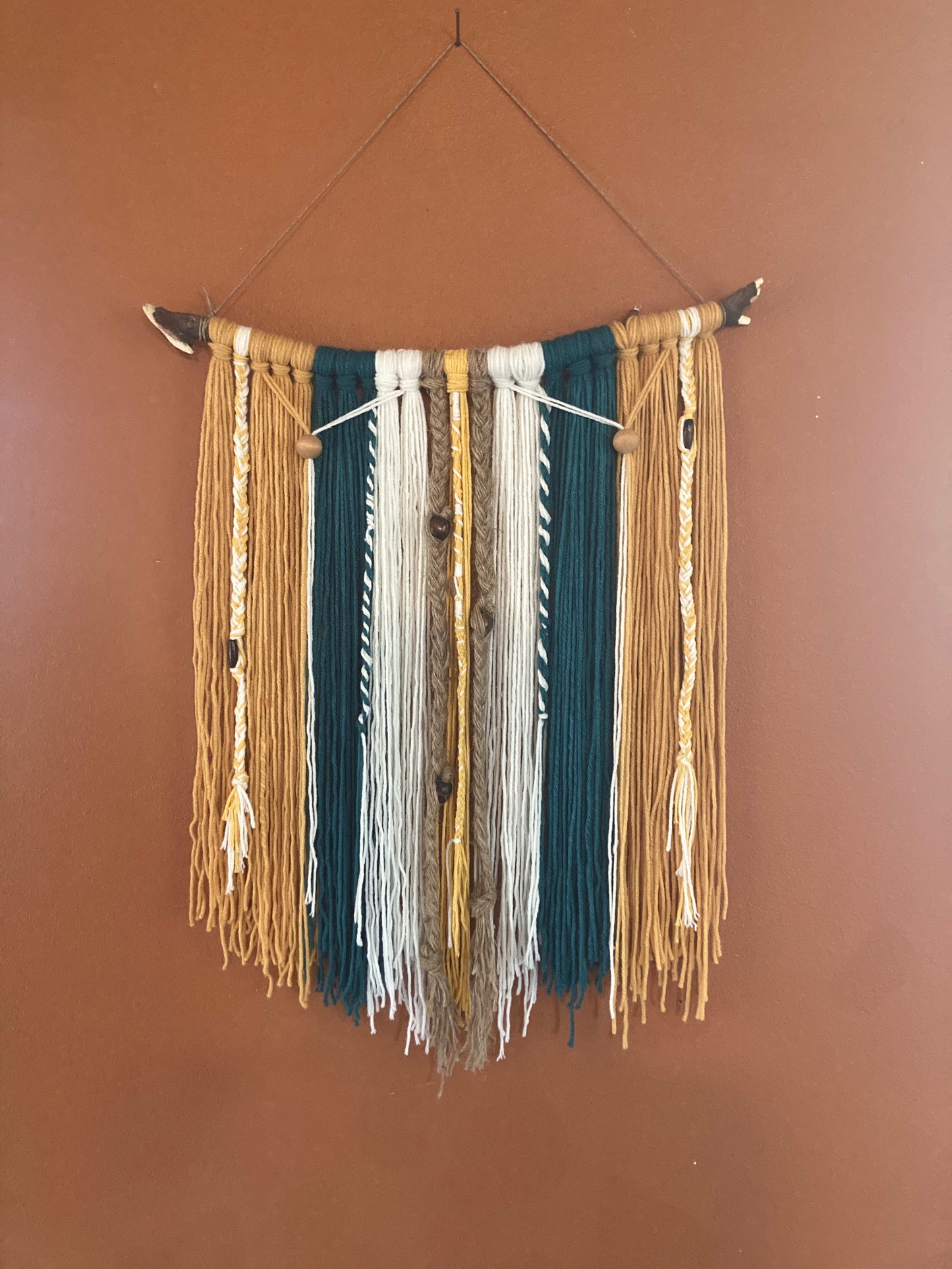 Boho wall hanging teal and mustard