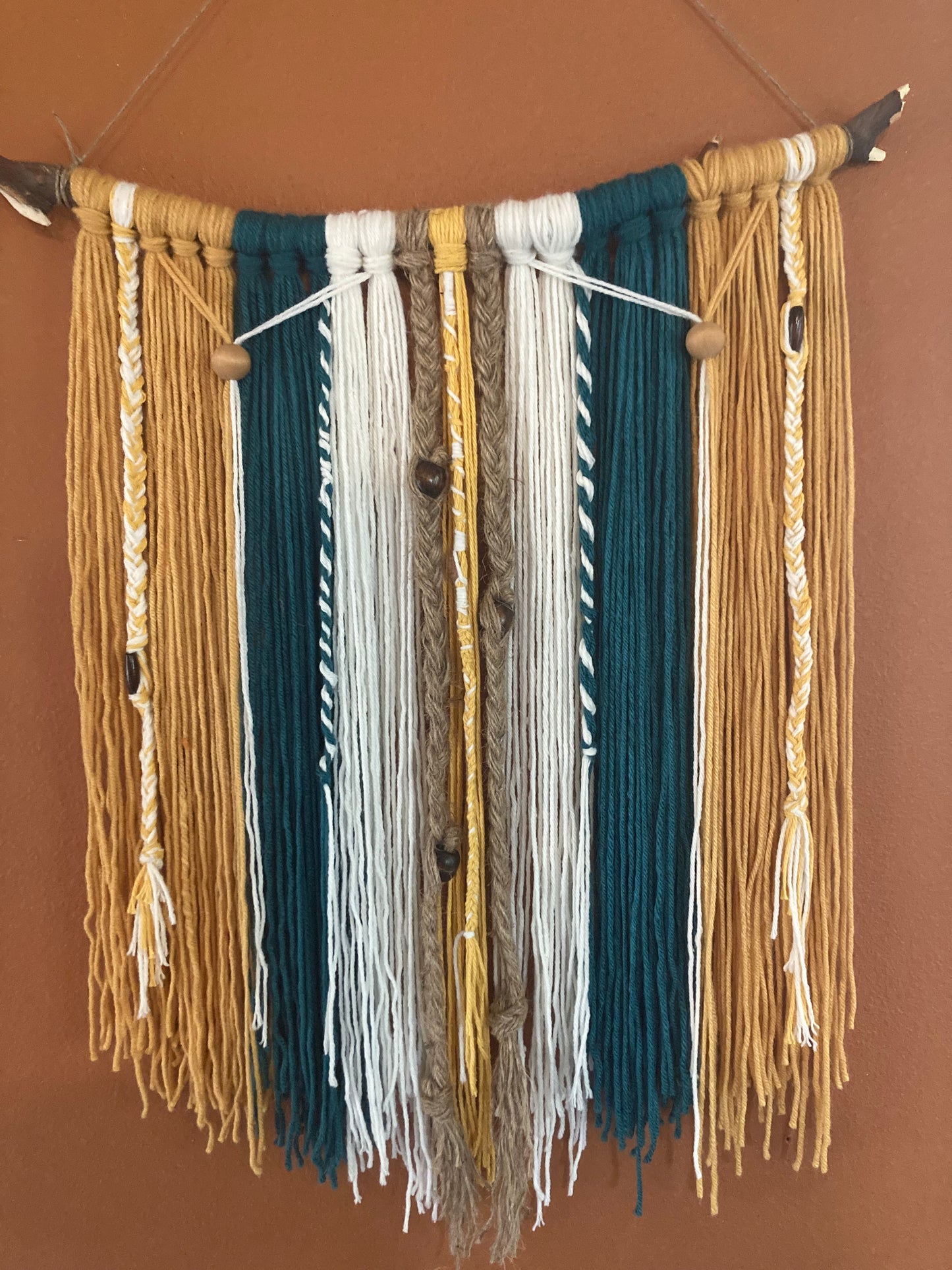 Boho wall hanging teal and mustard